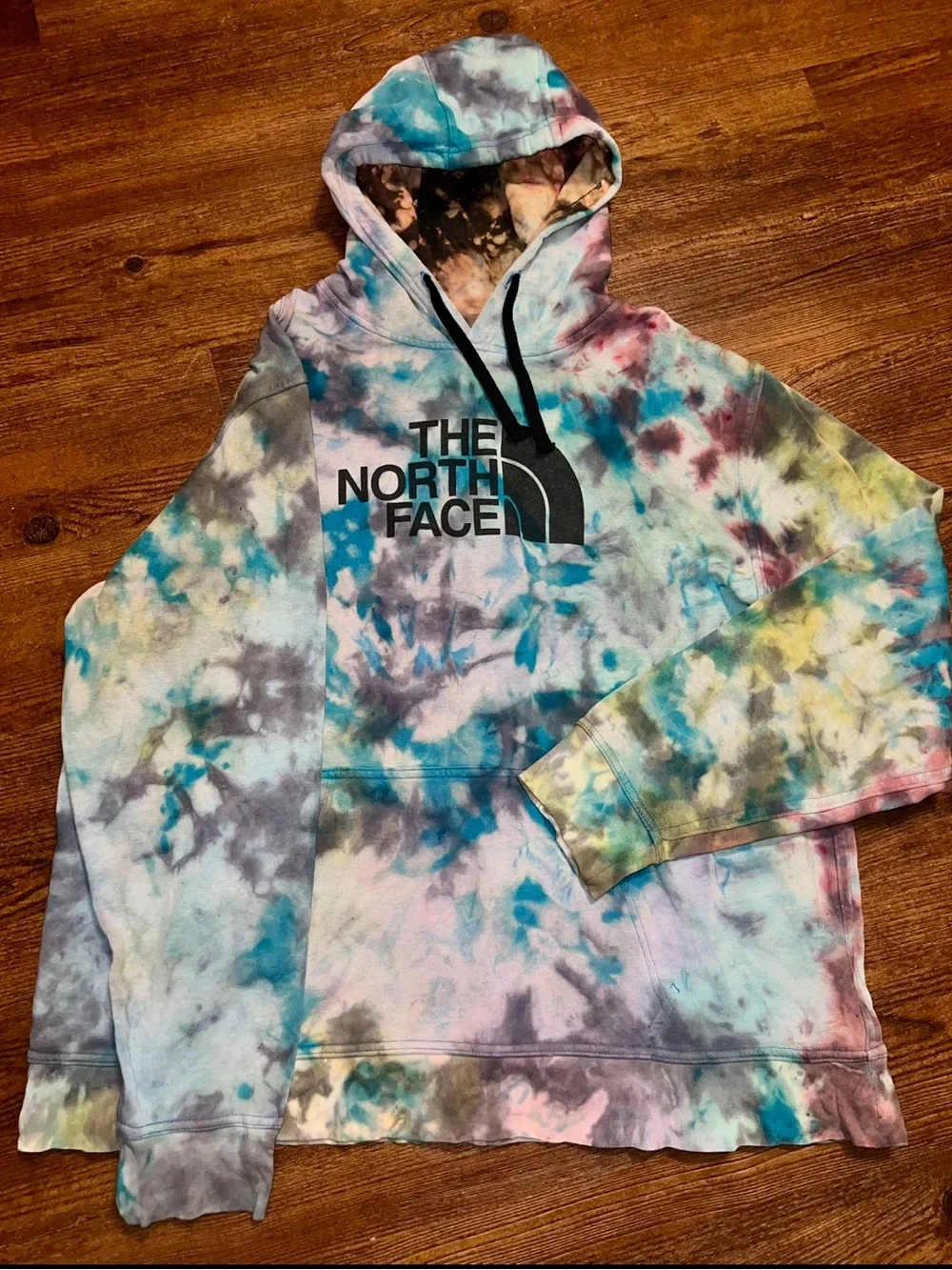 The North Face Blue Tie-Dye Retro Colorful Upcycled Graphic Hoodie Size XXL